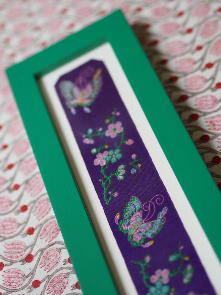 Framed Antique French Silk Ribbon Flowers Butterflies Jacquard Textile Archive - Natalia Willmott