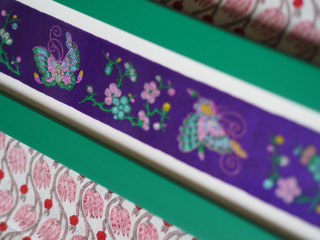 Framed Antique French Silk Ribbon Flowers Butterflies Jacquard Textile Archive - Natalia Willmott