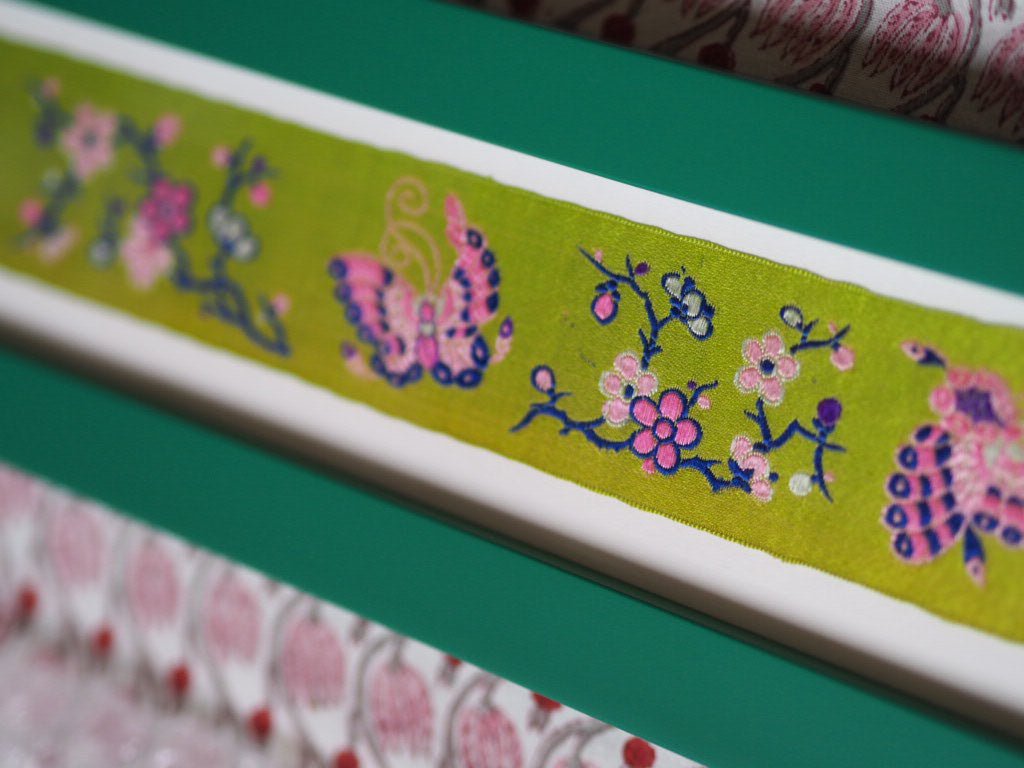 Framed Antique French Silk Ribbon Flowers Butterflies Jacquard Textile Archive - Natalia Willmott