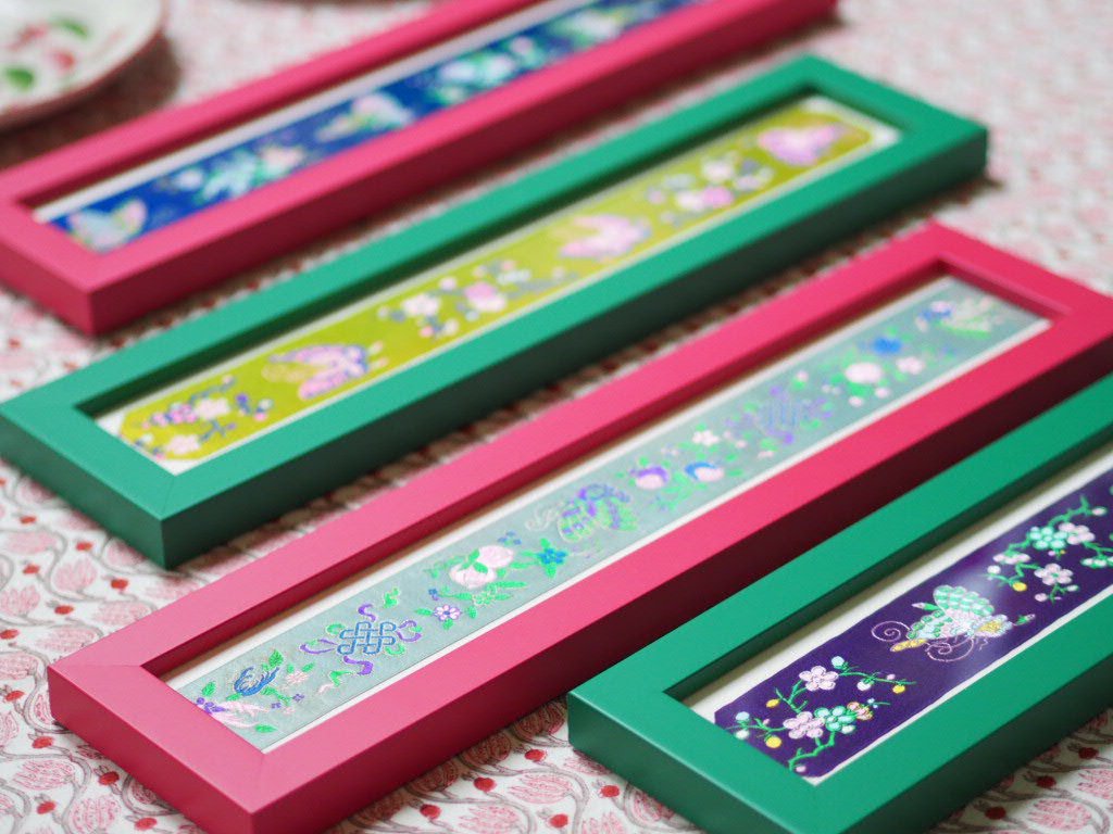 Framed Antique French Silk Ribbon Flowers Butterflies Jacquard Textile Archive - Natalia Willmott