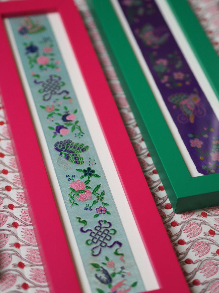 Framed Antique French Silk Ribbon Flowers Butterflies Jacquard Textile Archive - Natalia Willmott