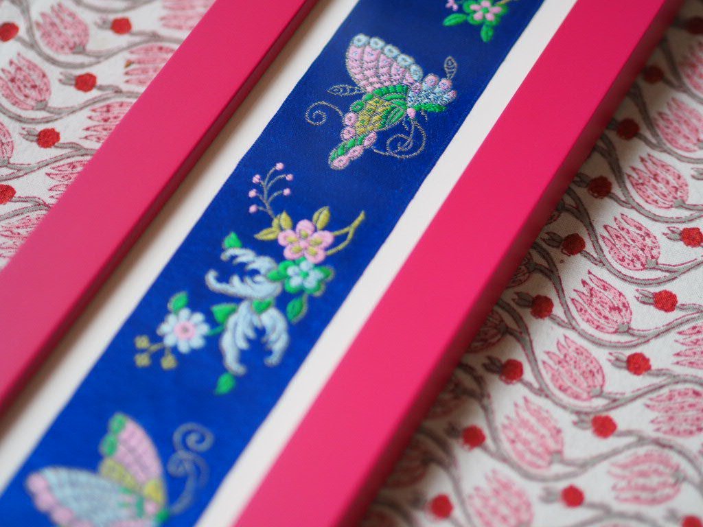 Framed Antique French Silk Ribbon Flowers Butterflies Jacquard Textile Archive - Natalia Willmott