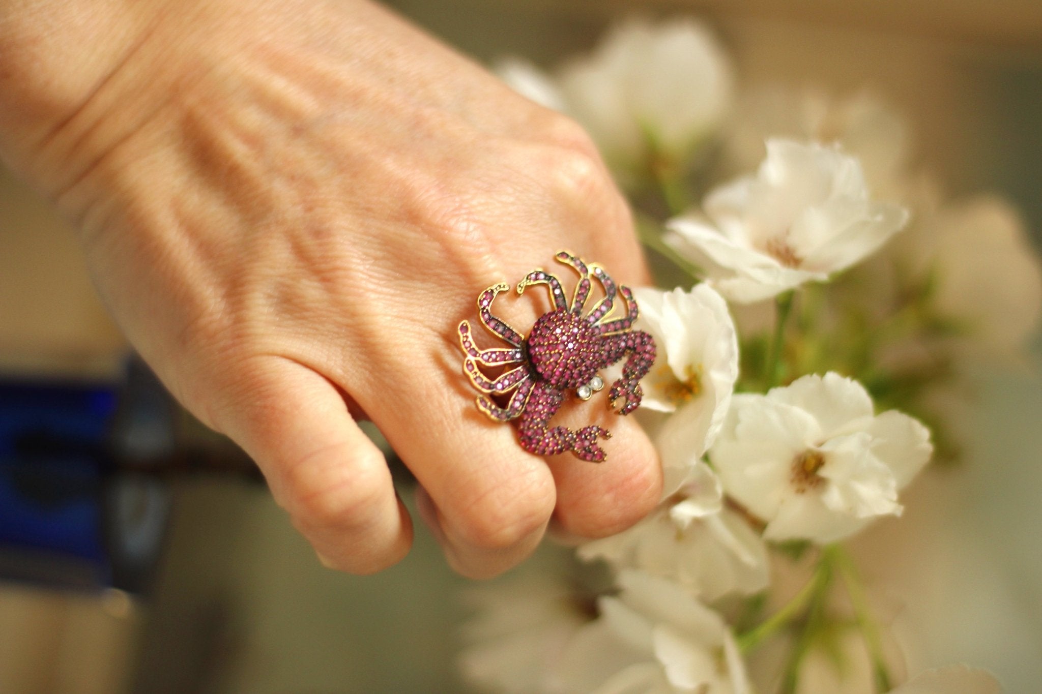 Gold plated adjustable pink zircon crab ring - Natalia Willmott