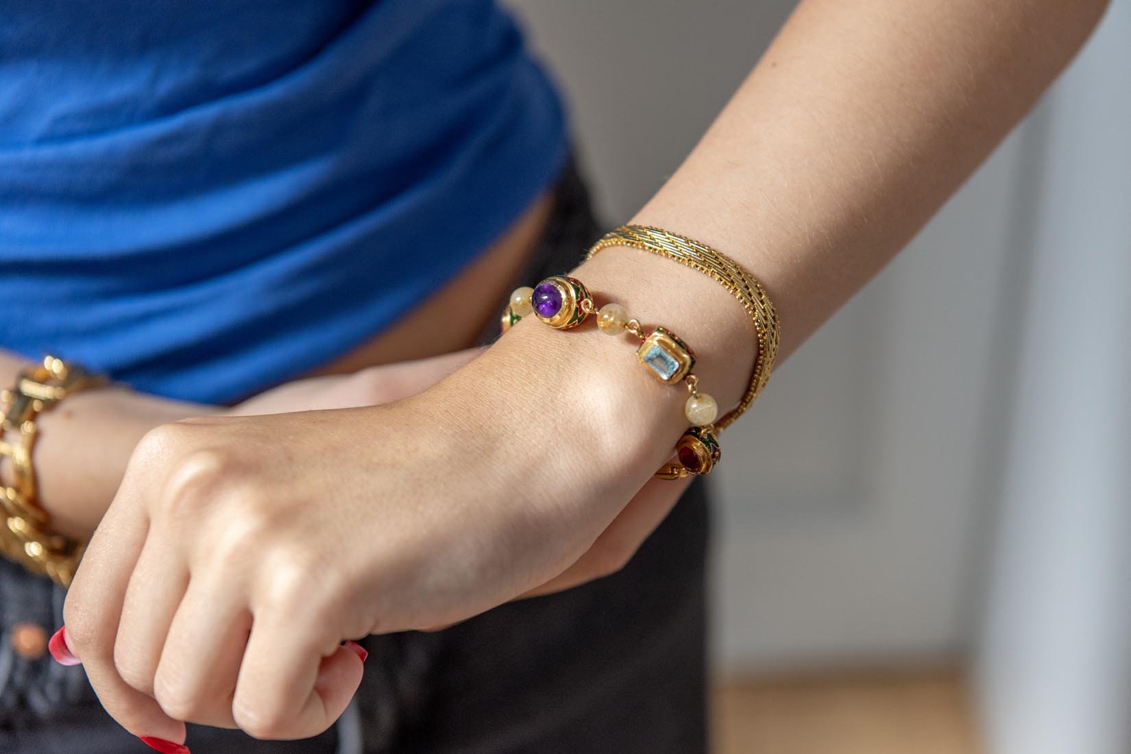 Gold, Ruby, Blue topaz, Amethyst and Rutile quartz bracelet with enamelware - Natalia Willmott
