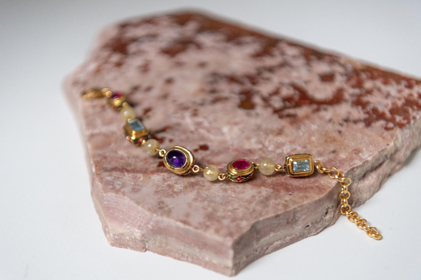 Gold, Ruby, Blue topaz, Amethyst and Rutile quartz bracelet with enamelware - Natalia Willmott