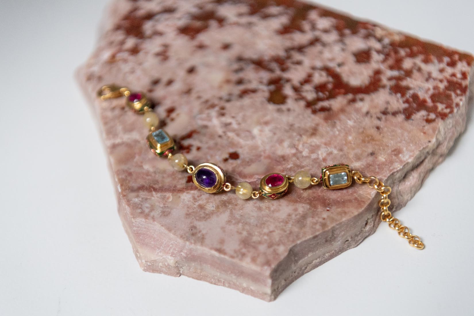 Gold, Ruby, Blue topaz, Amethyst and Rutile quartz bracelet with enamelware - Natalia Willmott