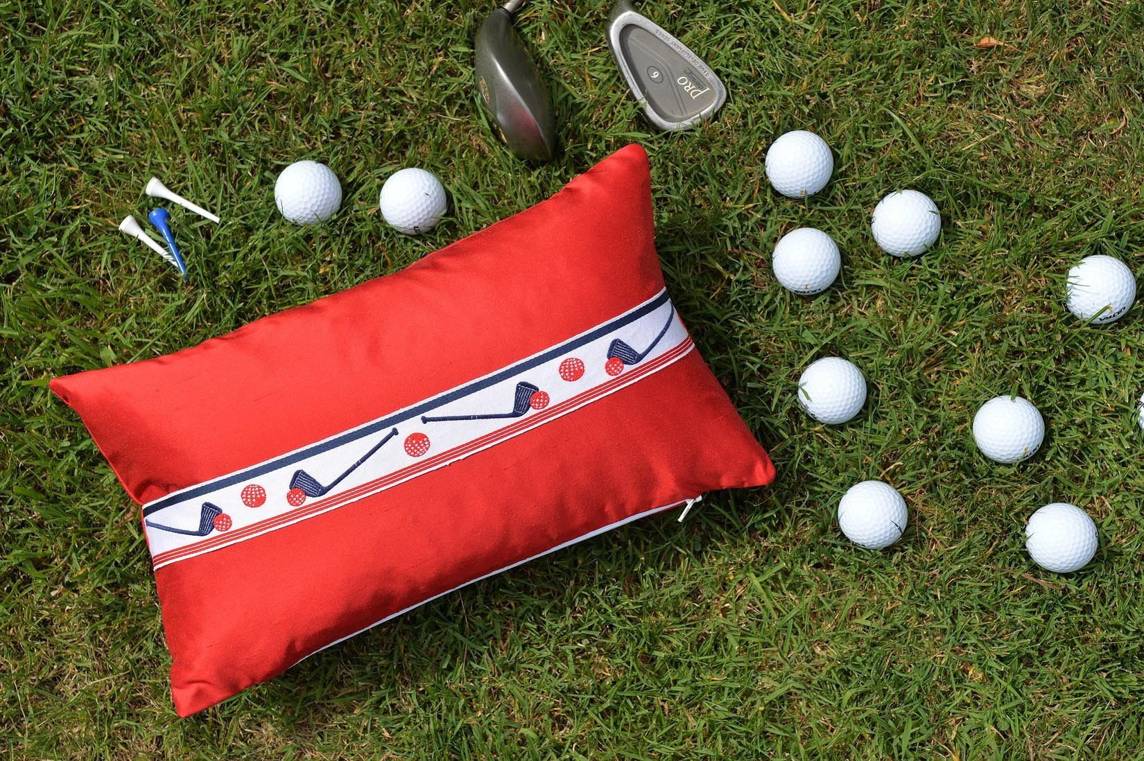 "Golf" Ruby red silk cushion - Natalia Willmott