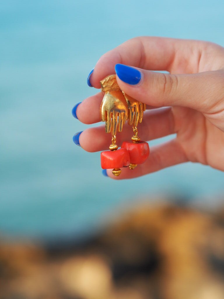 Hand and bamboo coral drop earrings - Natalia Willmott