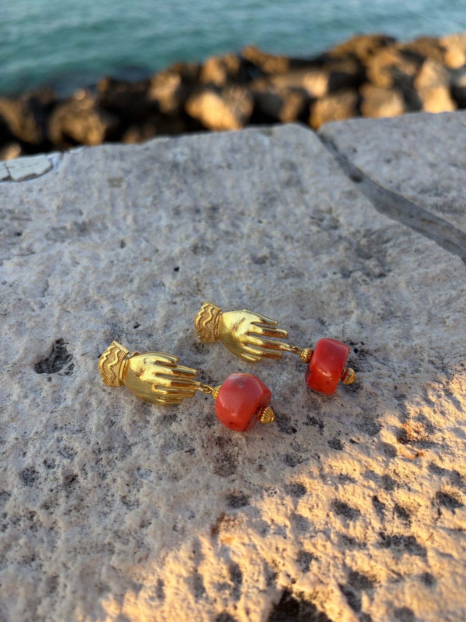 Hand and bamboo coral drop earrings - Natalia Willmott