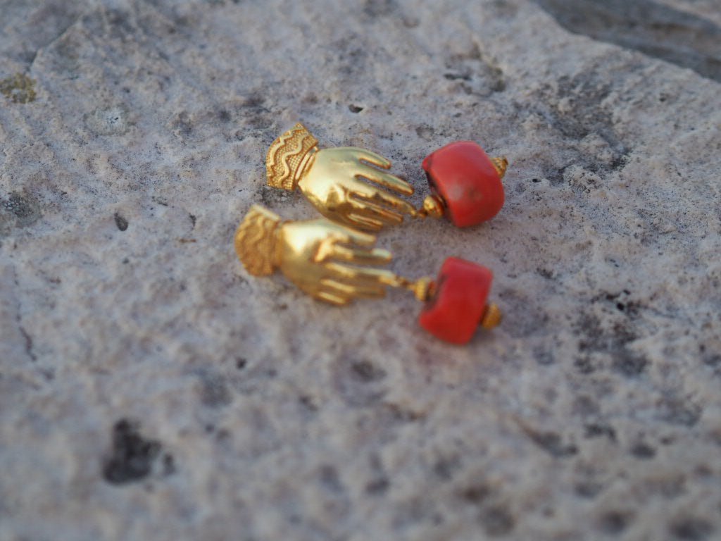 Hand and bamboo coral drop earrings - Natalia Willmott