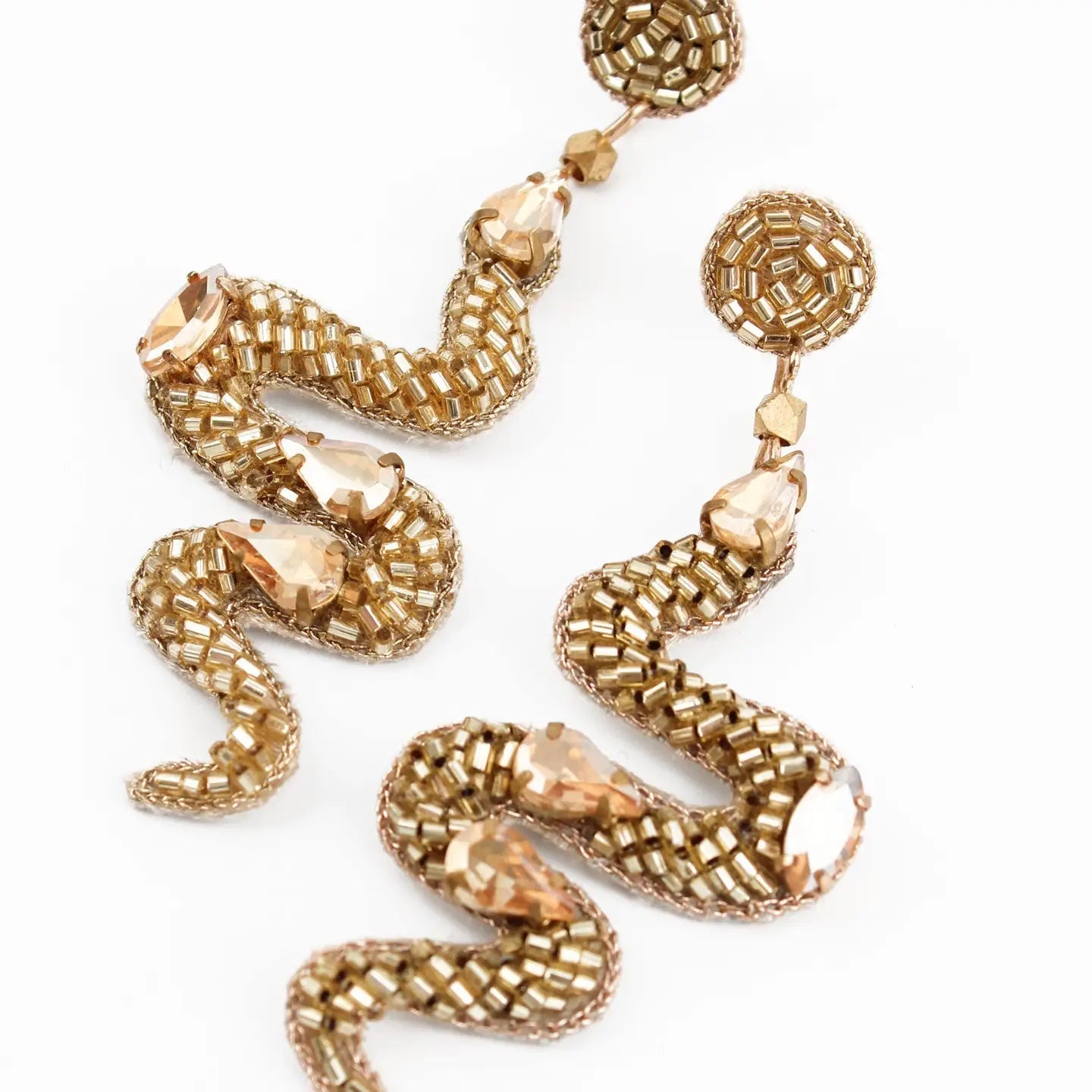 Hand beaded gold snakes pendant earrings - Natalia Willmott