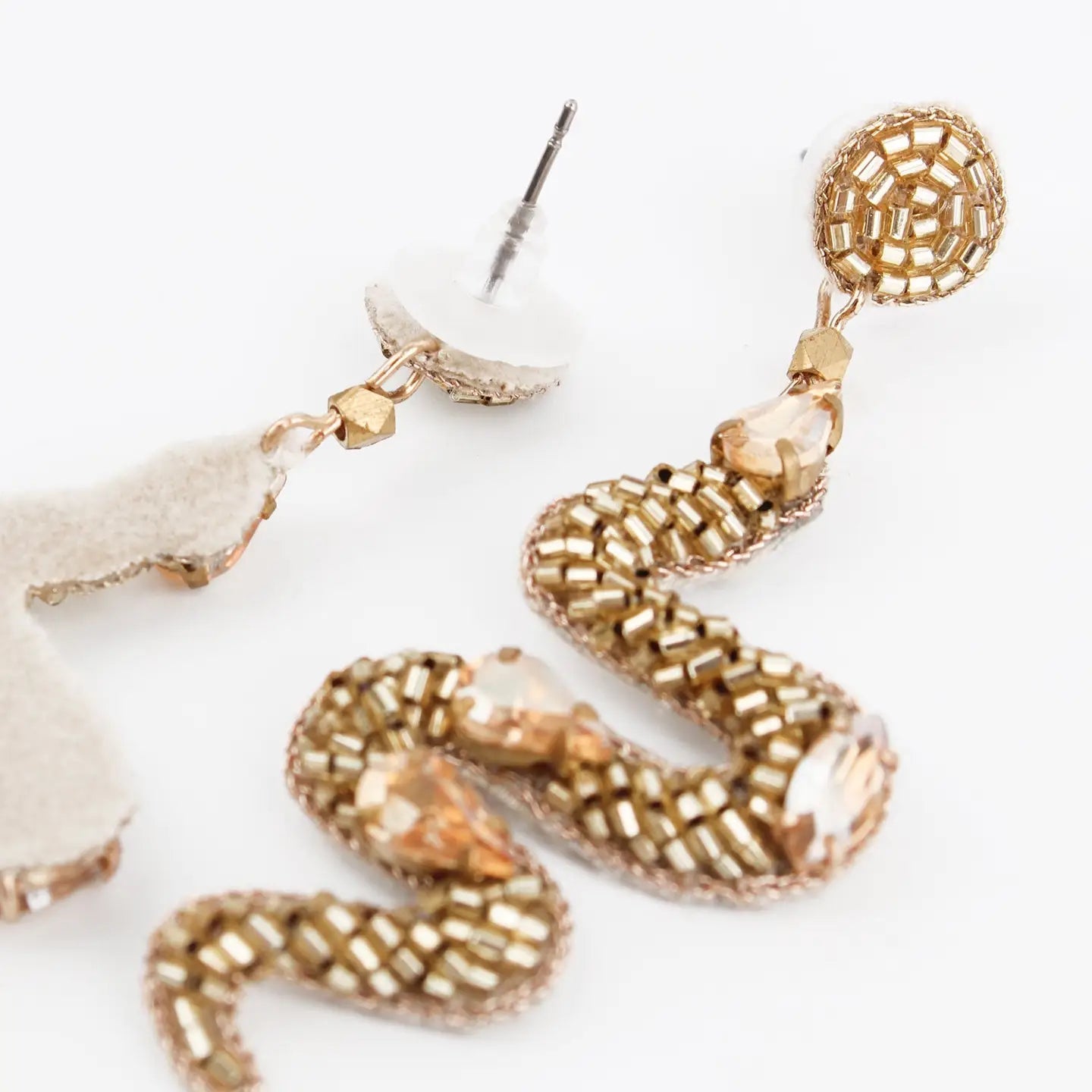 Hand beaded gold snakes pendant earrings - Natalia Willmott