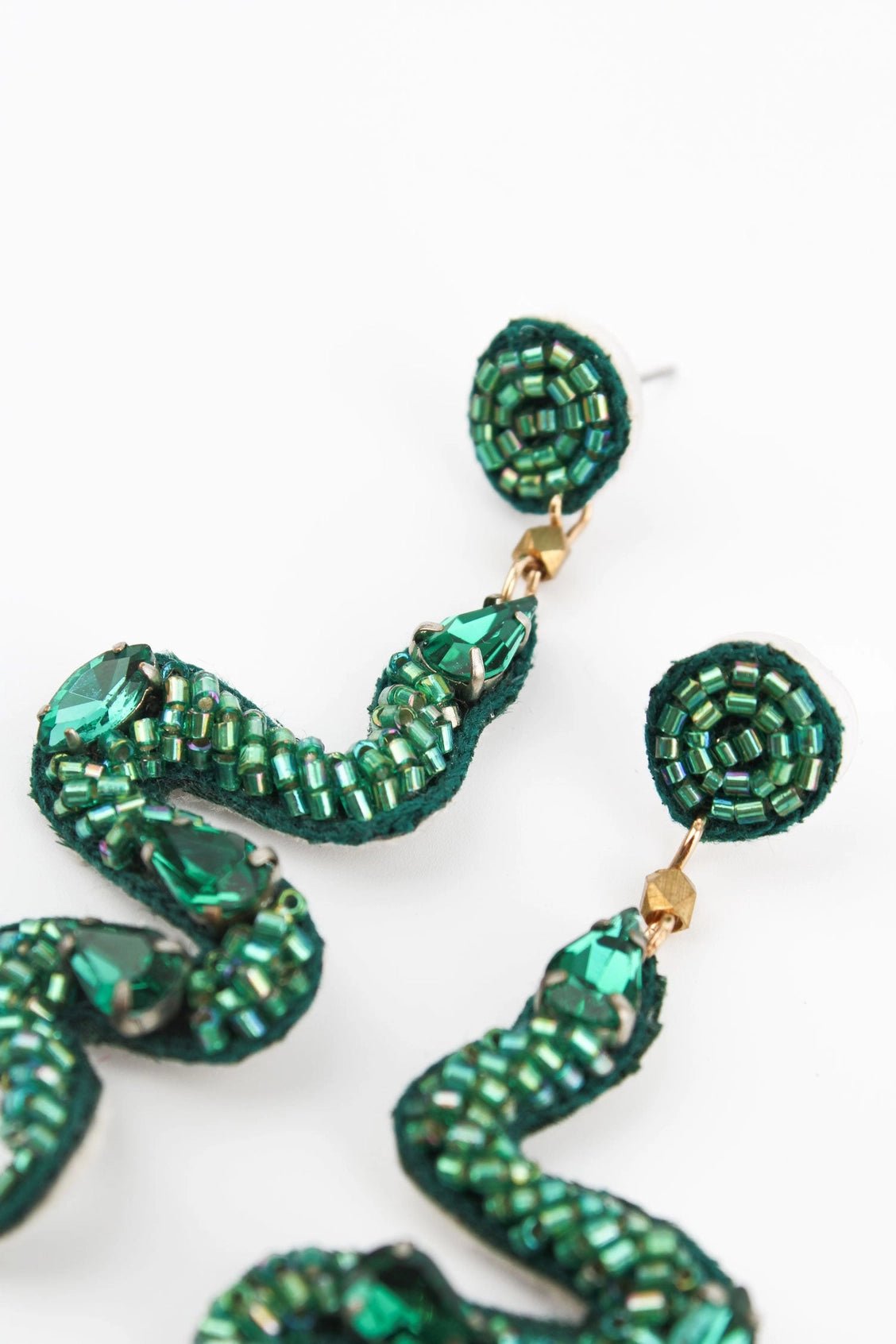 Hand beaded green snakes pendant earrings - Natalia Willmott