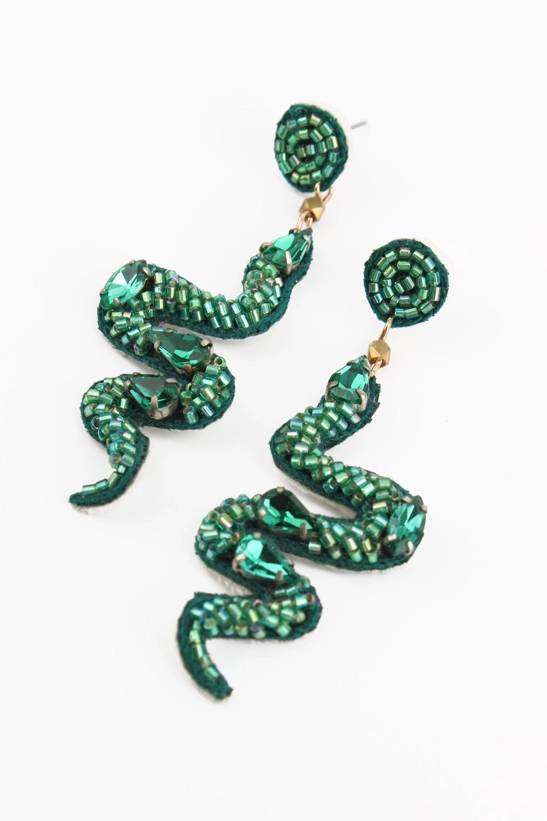 Hand beaded green snakes pendant earrings - Natalia Willmott