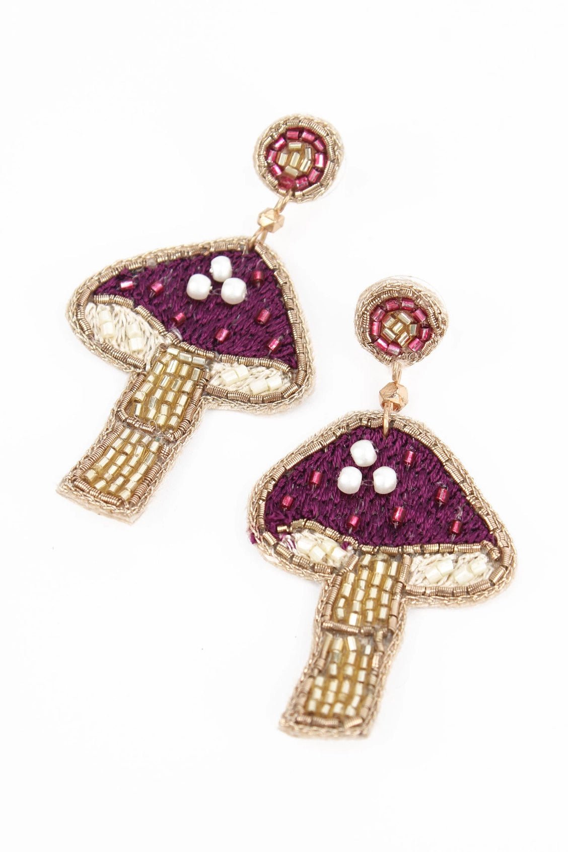 Hand beaded purple mushroom drop earrings - Natalia Willmott