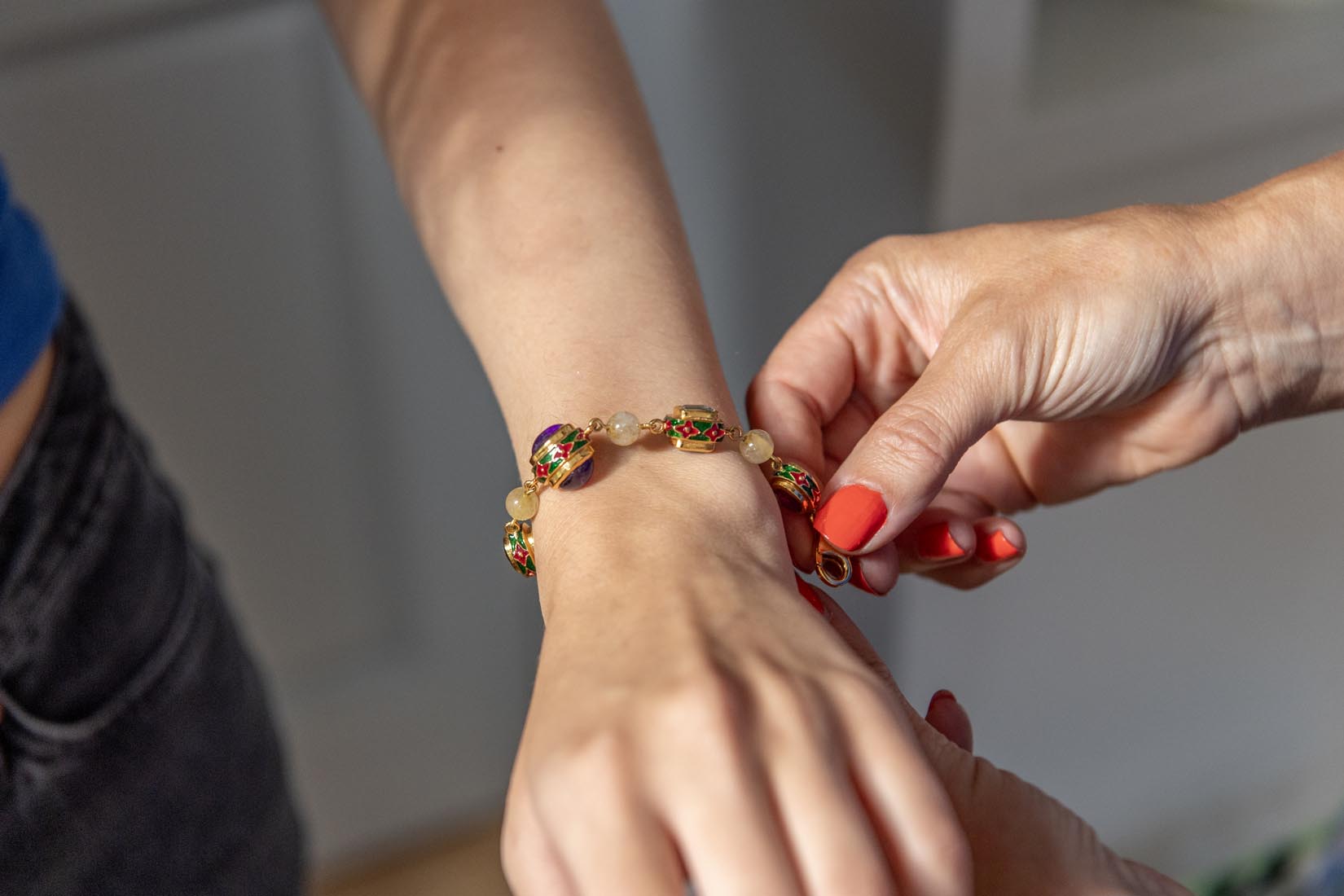 Gold, Ruby, Blue topaz, Amethyst and Rutile quartz bracelet with enamelware - Natalia Willmott