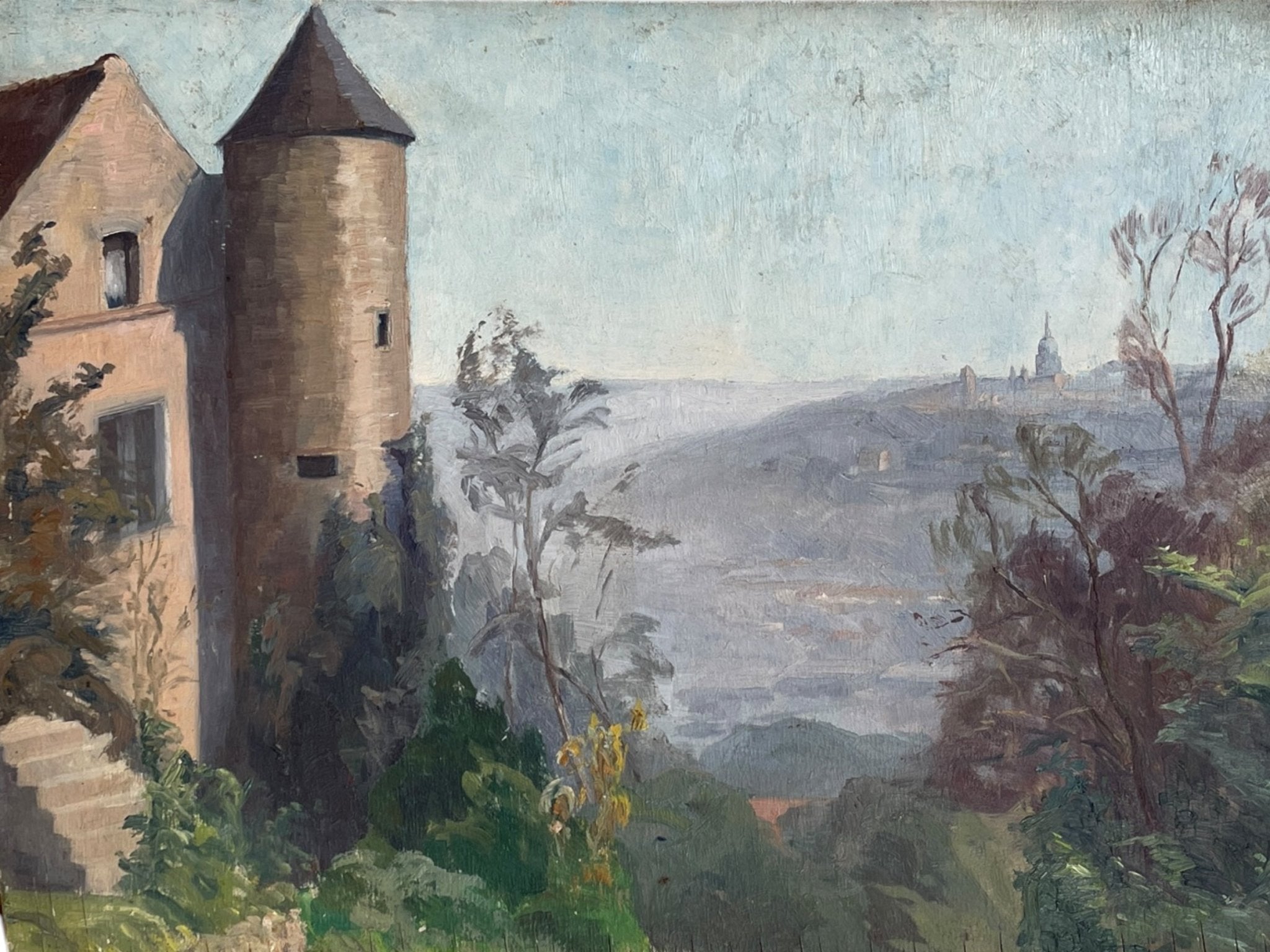 Landscape Oil Painting with Tower and Distant Town - Natalia Willmott