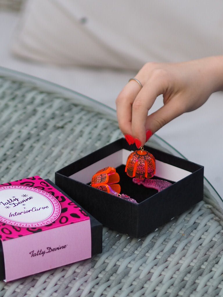 Leopard Lamp Shade Earrings - Pink Interior Curve for Tatty Devine - Natalia Willmott