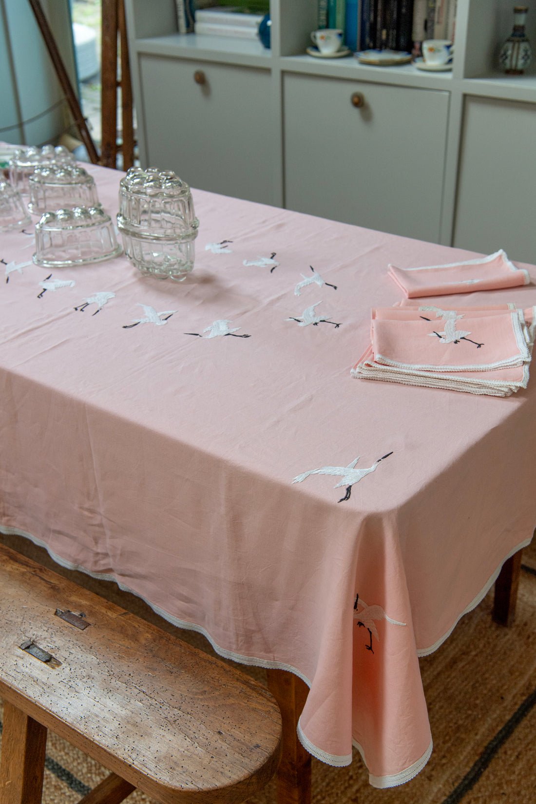 Mid century crane embroidered pink tablecloth and napkin set - Natalia Willmott
