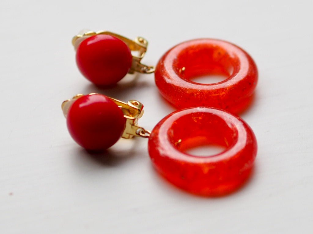 mini hoop red/orange round clip on earrings - Natalia Willmott