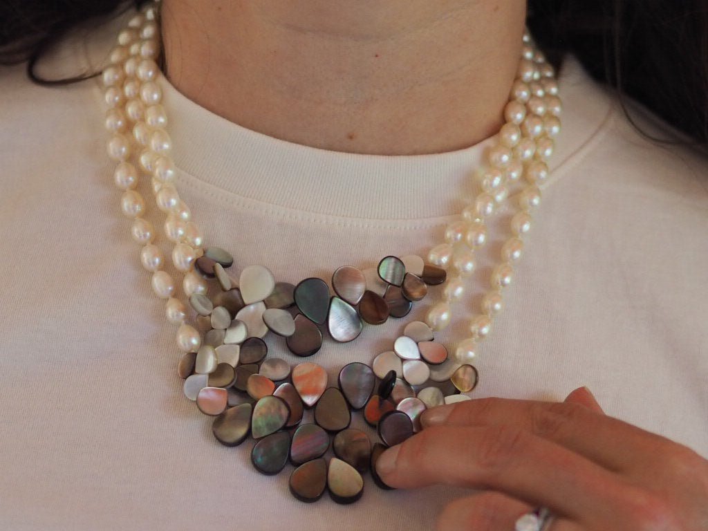 Mother of pearl teardrop and freshwater pearls and silver necklace - Natalia Willmott