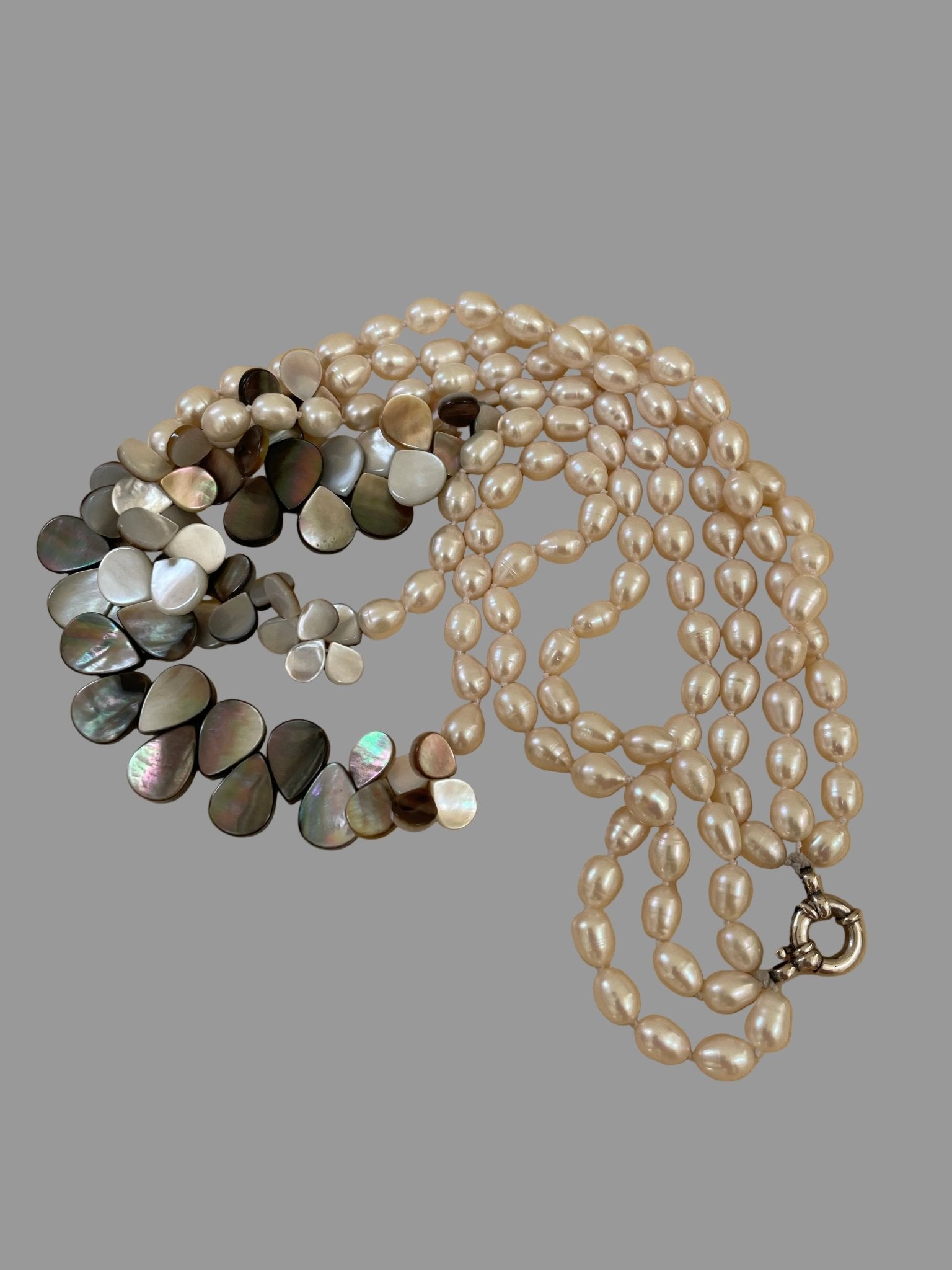 Mother of pearl teardrop and freshwater pearls and silver necklace - Natalia Willmott
