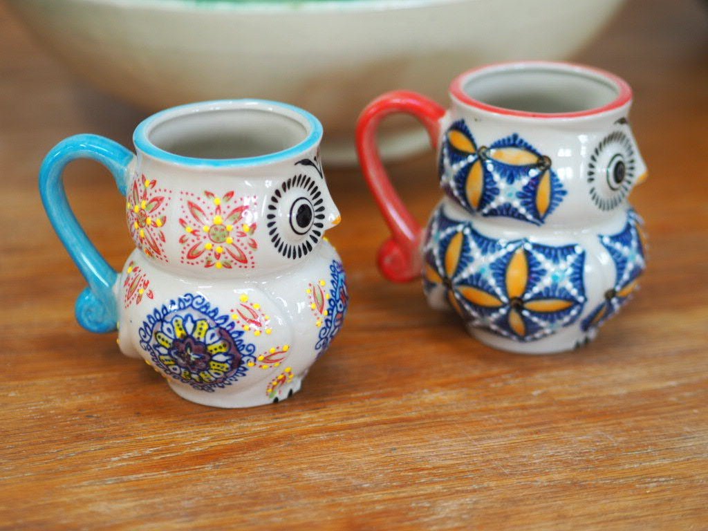 Pair or of Yokohama Studio owl hand painted mugs - Natalia Willmott