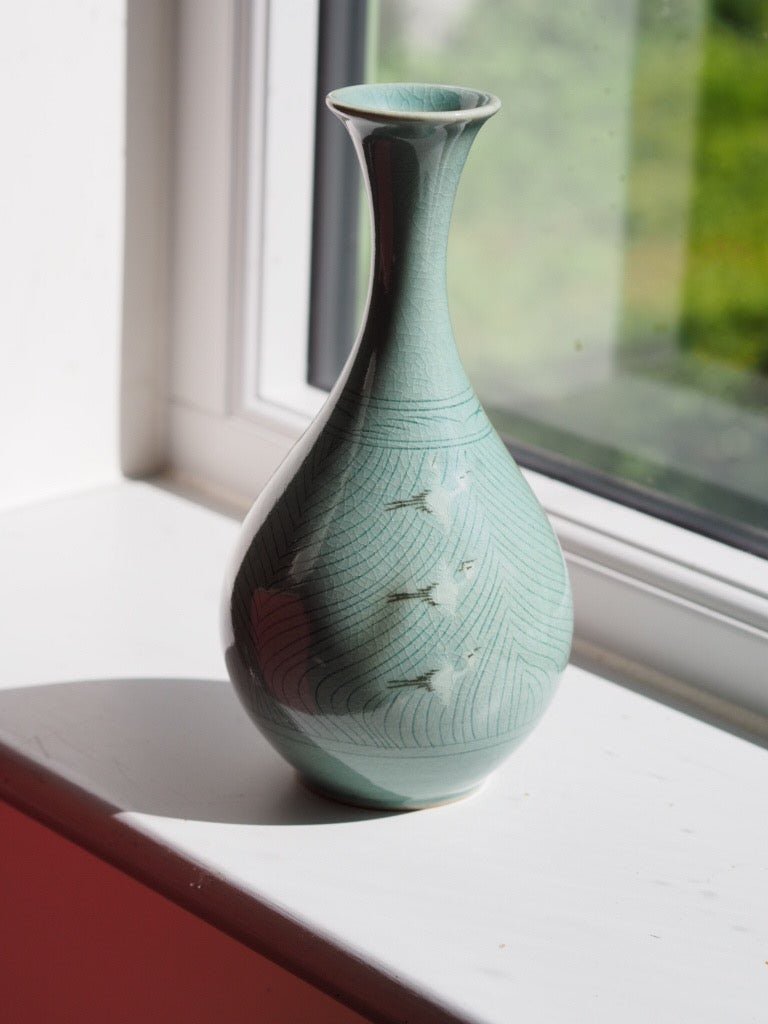 Pear - Shaped Celadon Vase with three Flying cranes - Natalia Willmott
