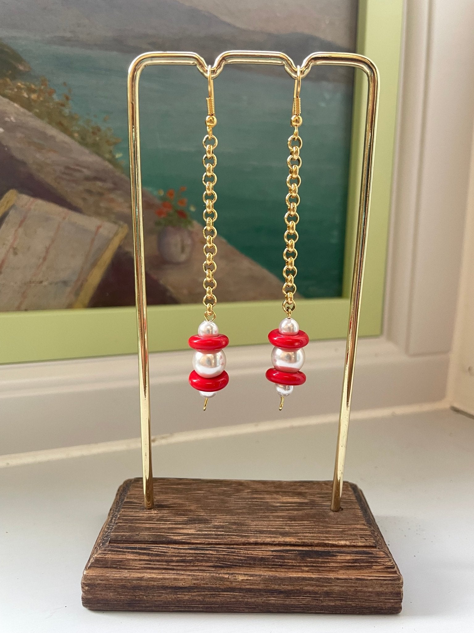 Pearl and red bead gold plate necklace and earrings - Natalia Willmott