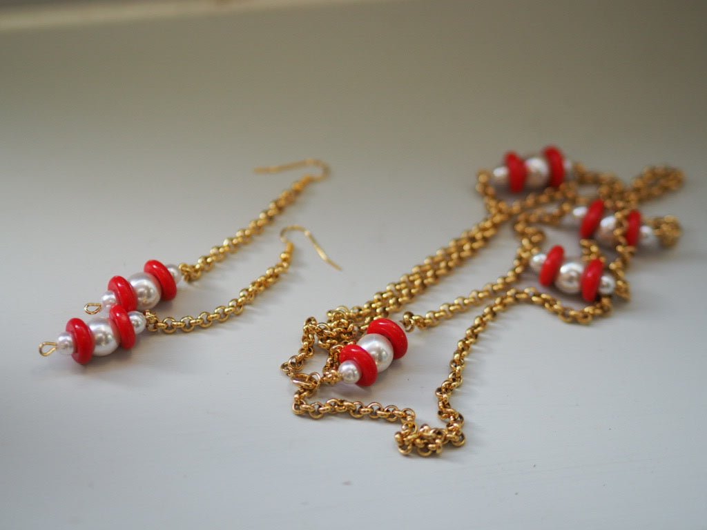 Pearl and red bead gold plate necklace and earrings - Natalia Willmott