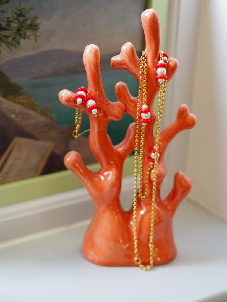 Pearl and red bead gold plate necklace and earrings - Natalia Willmott