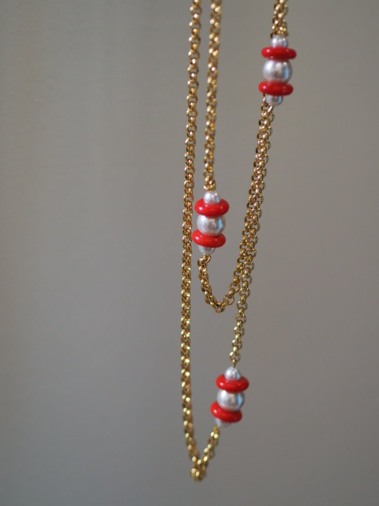 Pearl and red bead gold plate necklace and earrings - Natalia Willmott