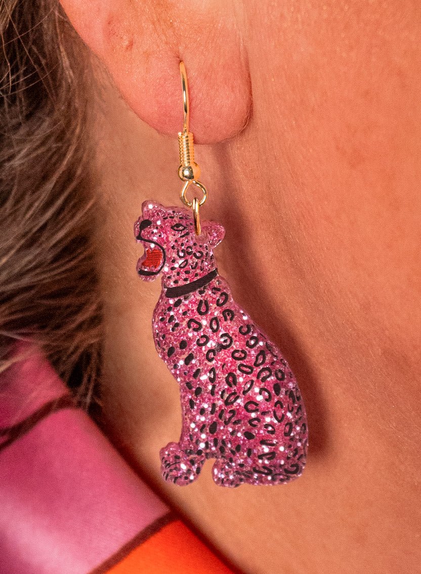 Pink glitter leopard Earrings Interior Curve for Tatty Devine - Natalia Willmott