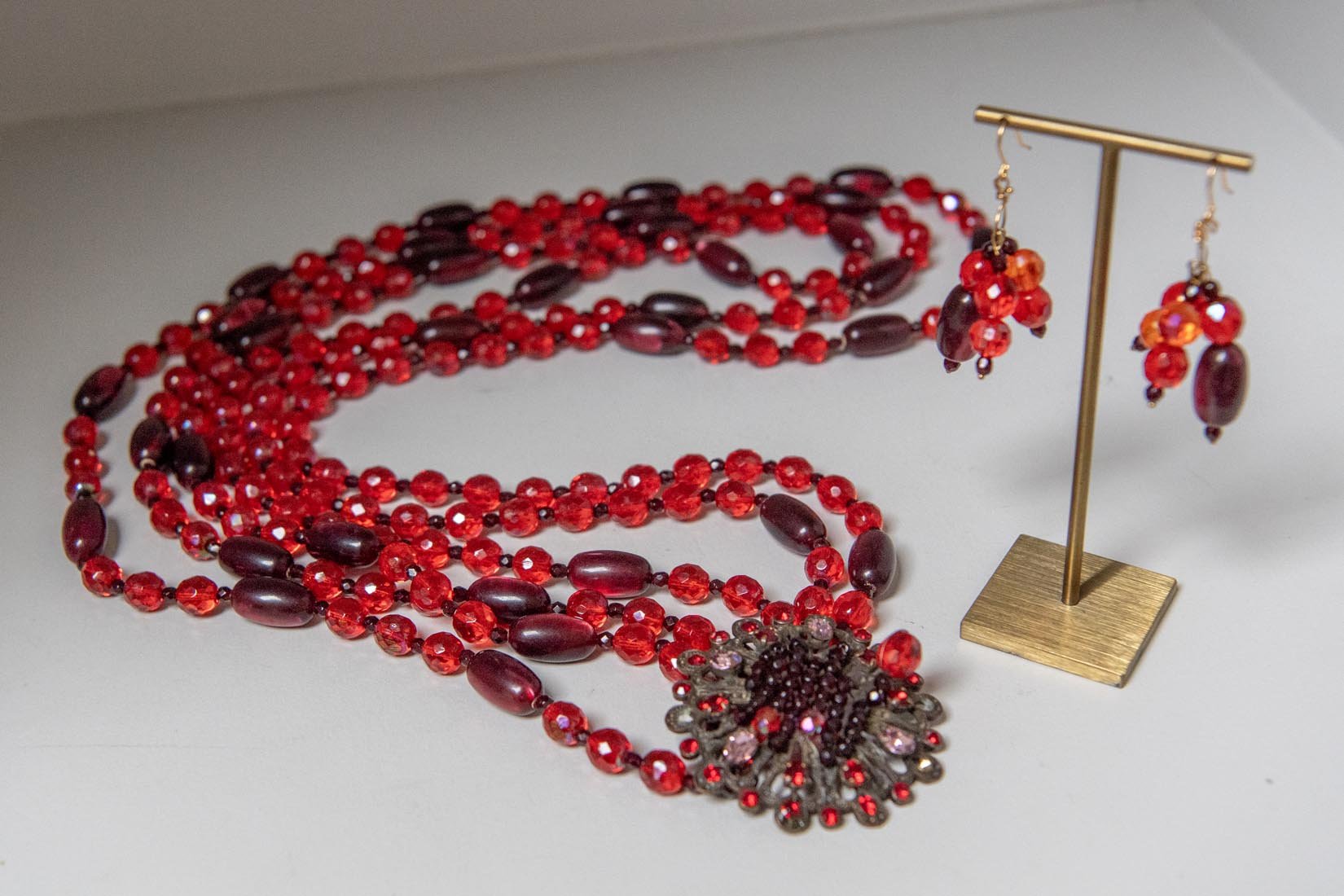 Red delight beaded Bohemian style vintage necklace and earrings - Natalia Willmott