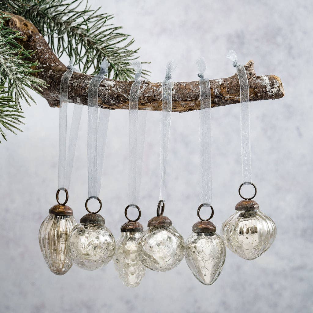 Set of 6 Small Mixed design 1" Silver Crackle Glass Baubles - Natalia Willmott