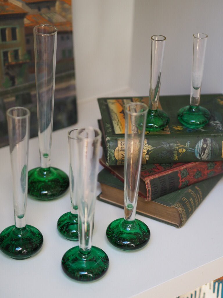 Set of 7 mid century green bud glass vases - Natalia Willmott