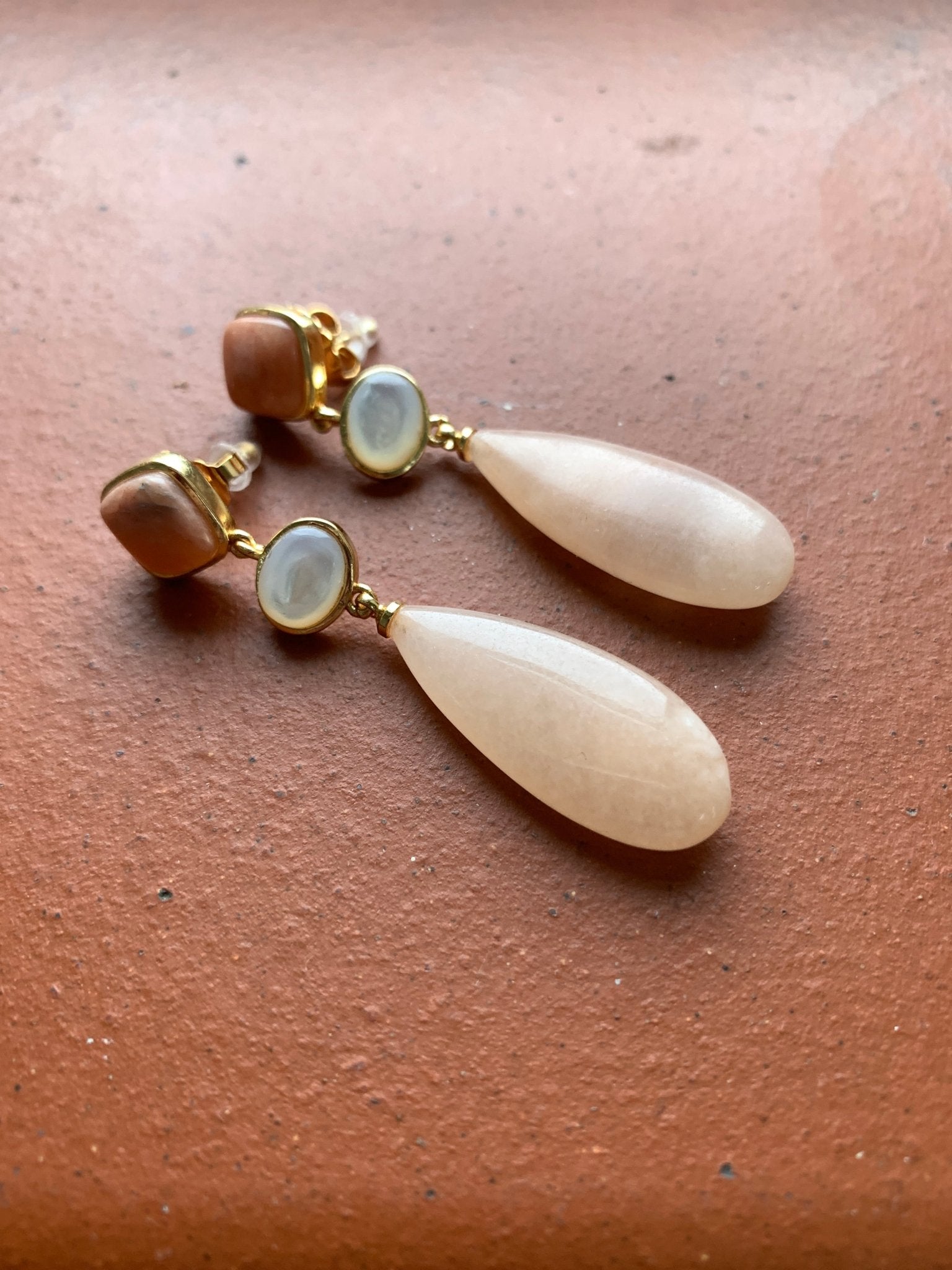 Triple rose quartz and moonstone drop earrings - Natalia Willmott