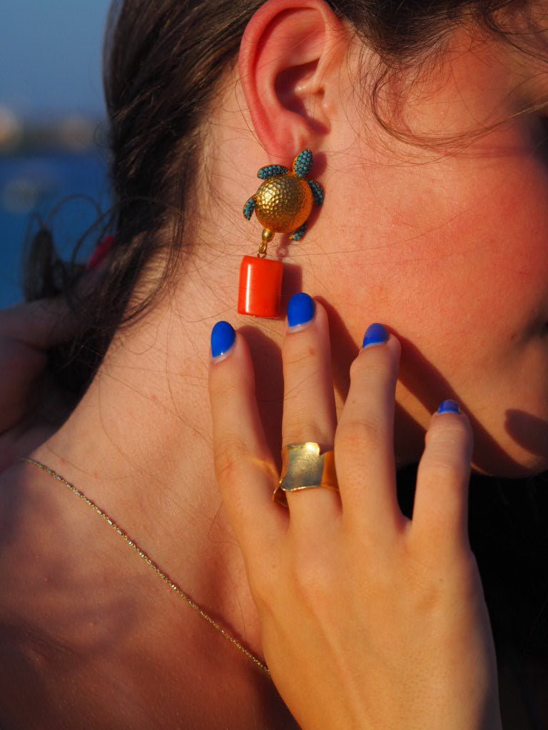 Turtle and bamboo coral drop earrings - Natalia Willmott