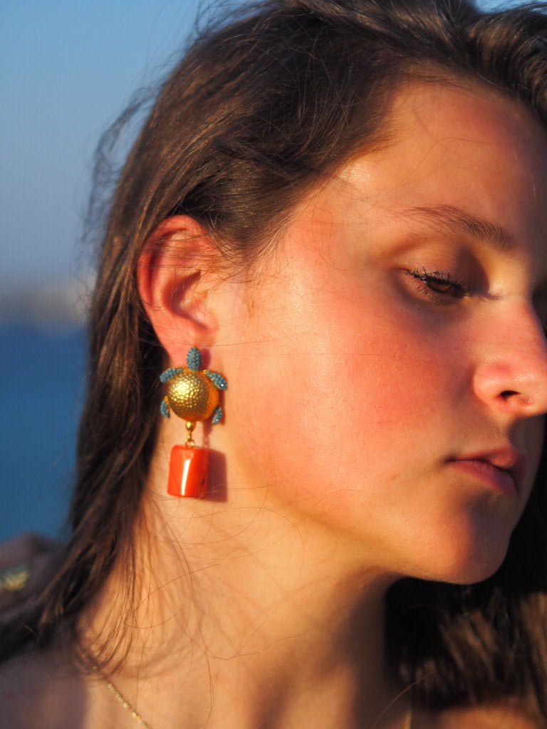 Turtle and bamboo coral drop earrings - Natalia Willmott