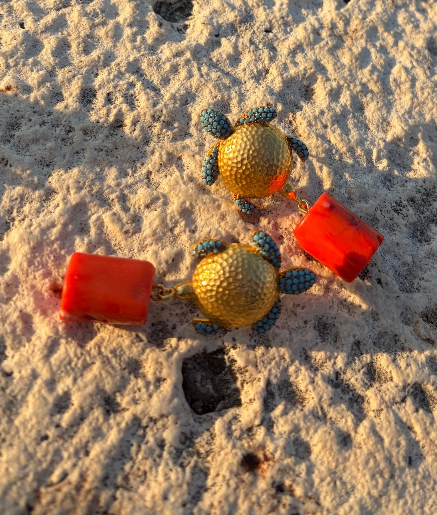 Turtle and bamboo coral drop earrings - Natalia Willmott