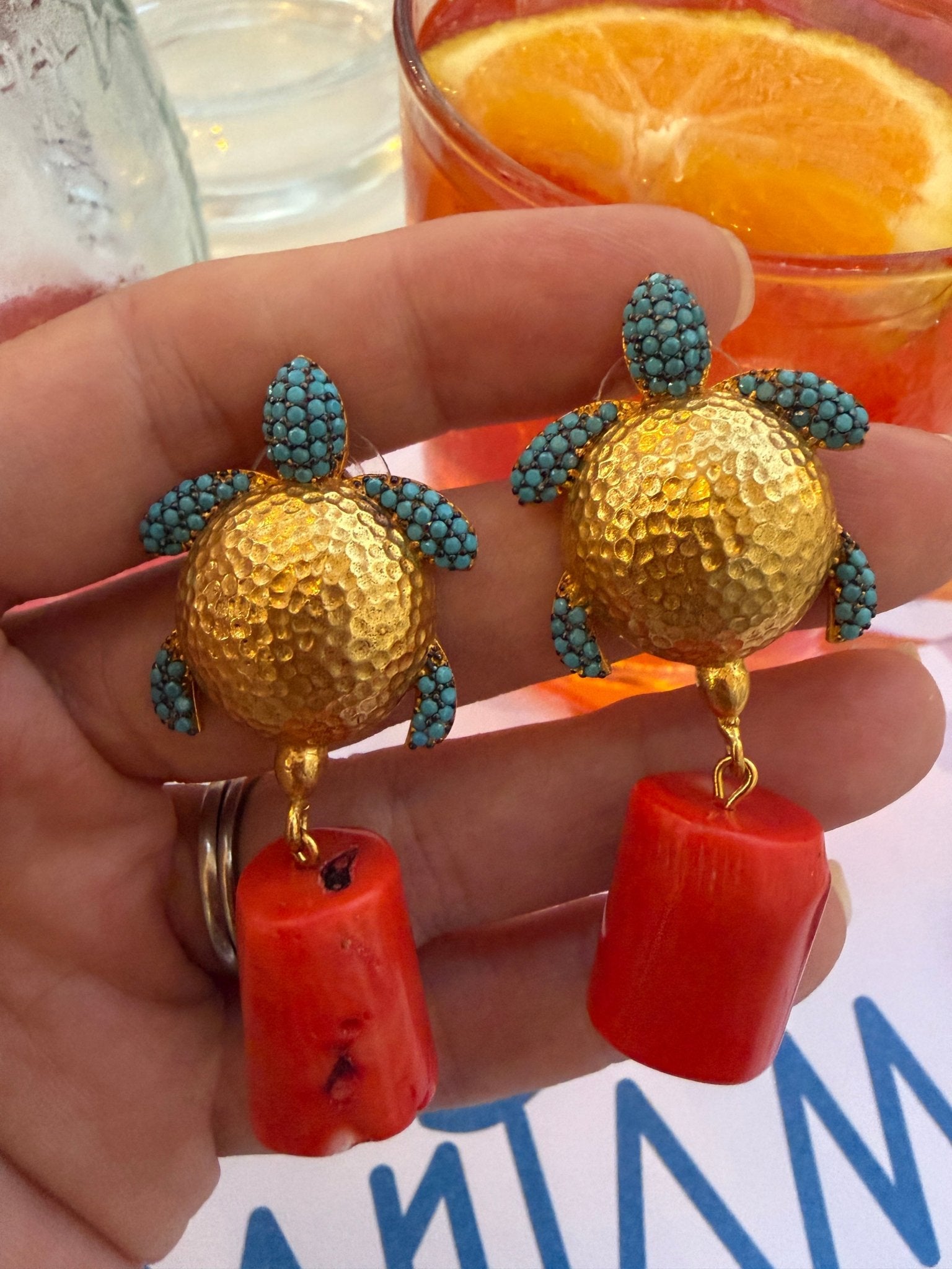 Turtle and bamboo coral drop earrings - Natalia Willmott