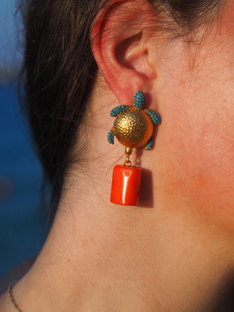 Turtle and bamboo coral drop earrings - Natalia Willmott