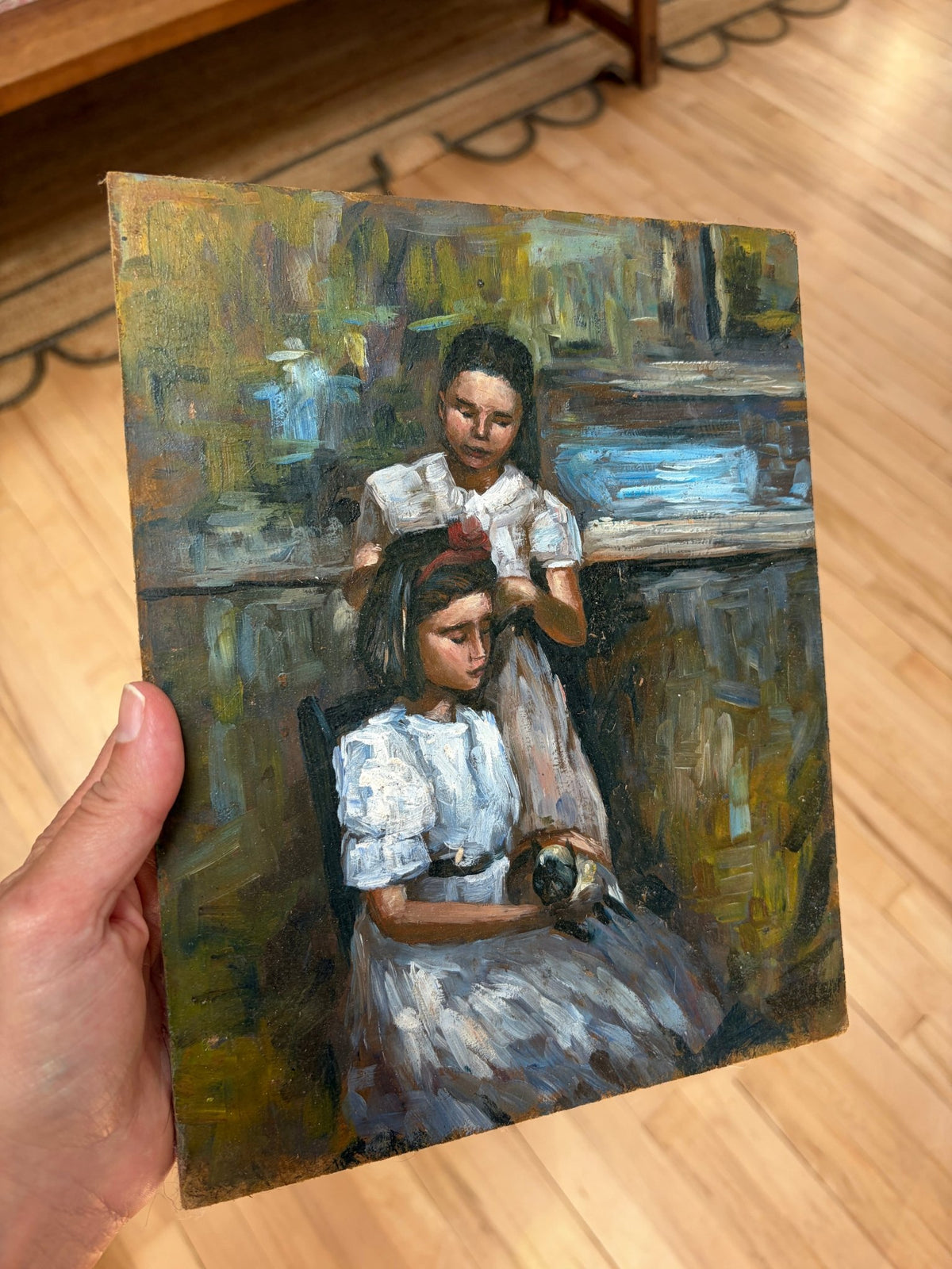 Two girls and a cat oil painting - Natalia Willmott
