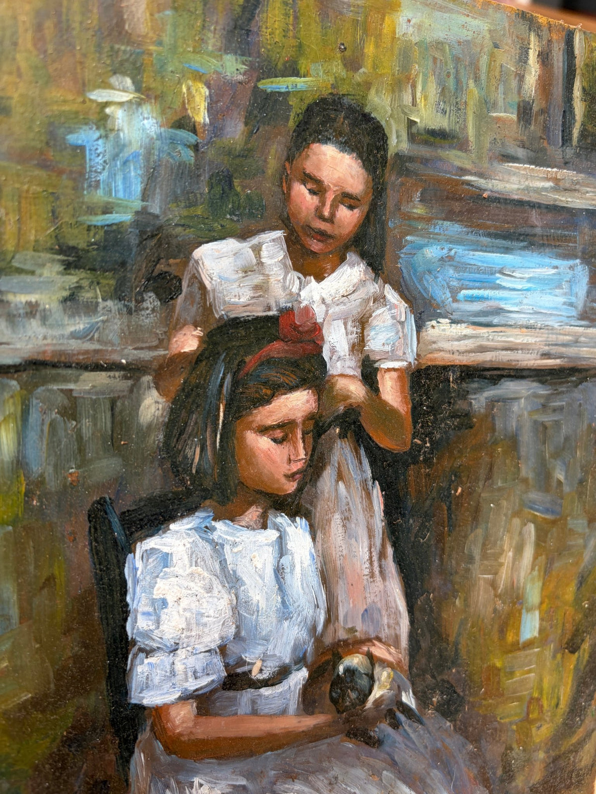 Two girls and a cat oil painting - Natalia Willmott