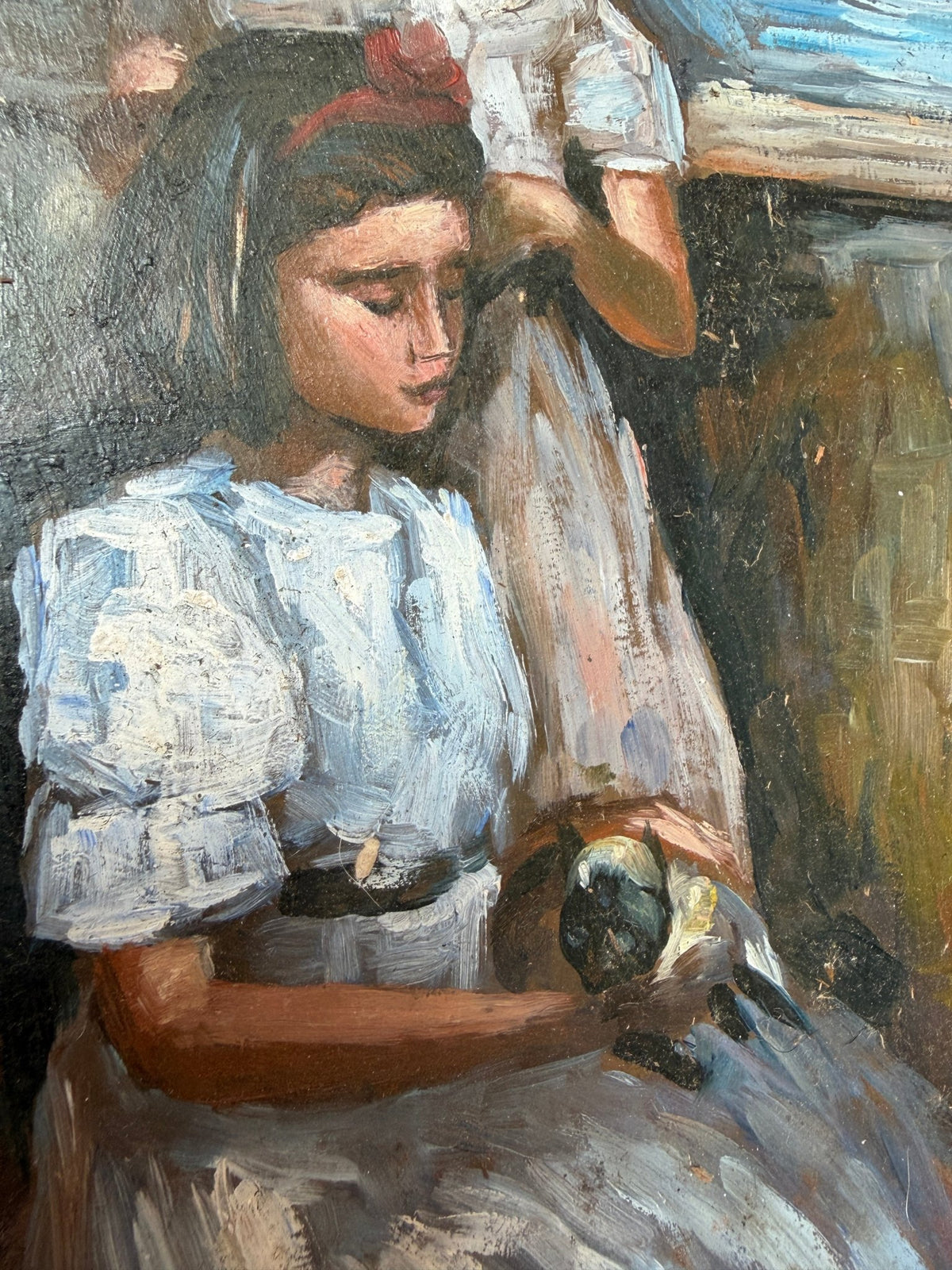 Two girls and a cat oil painting - Natalia Willmott
