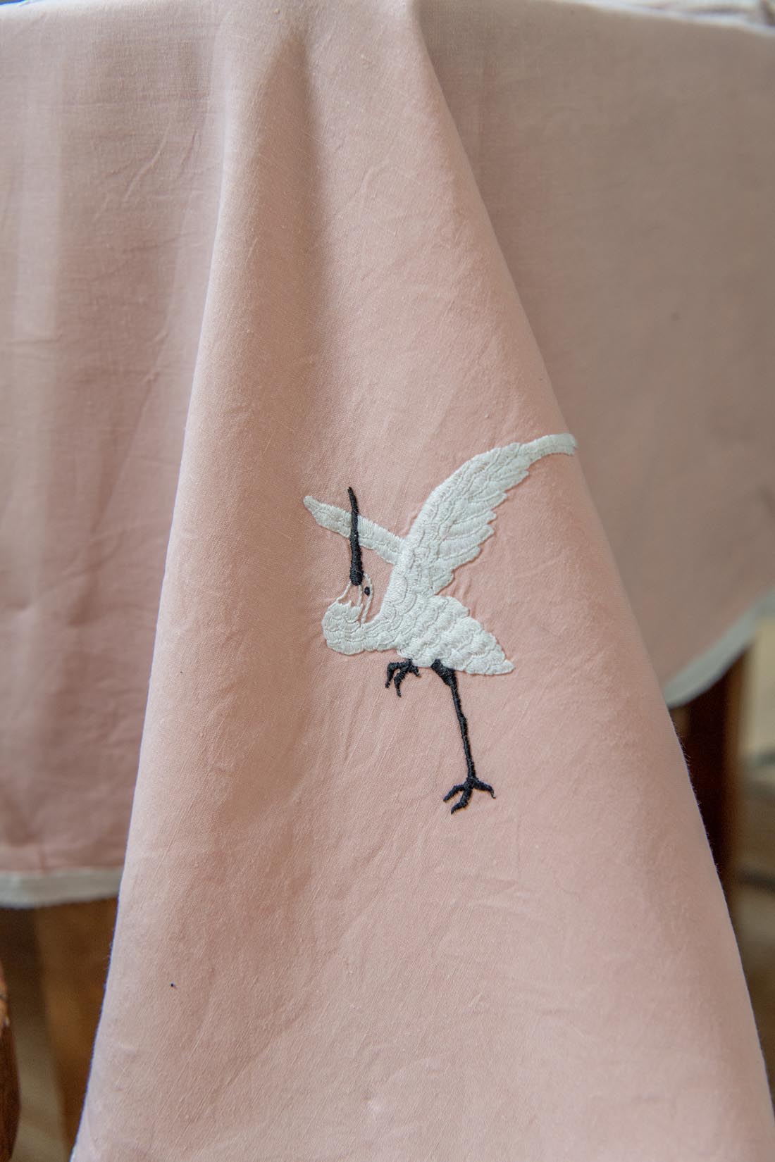 Vintage crane embroidered pink tablecloth and napkin set - Natalia Willmott