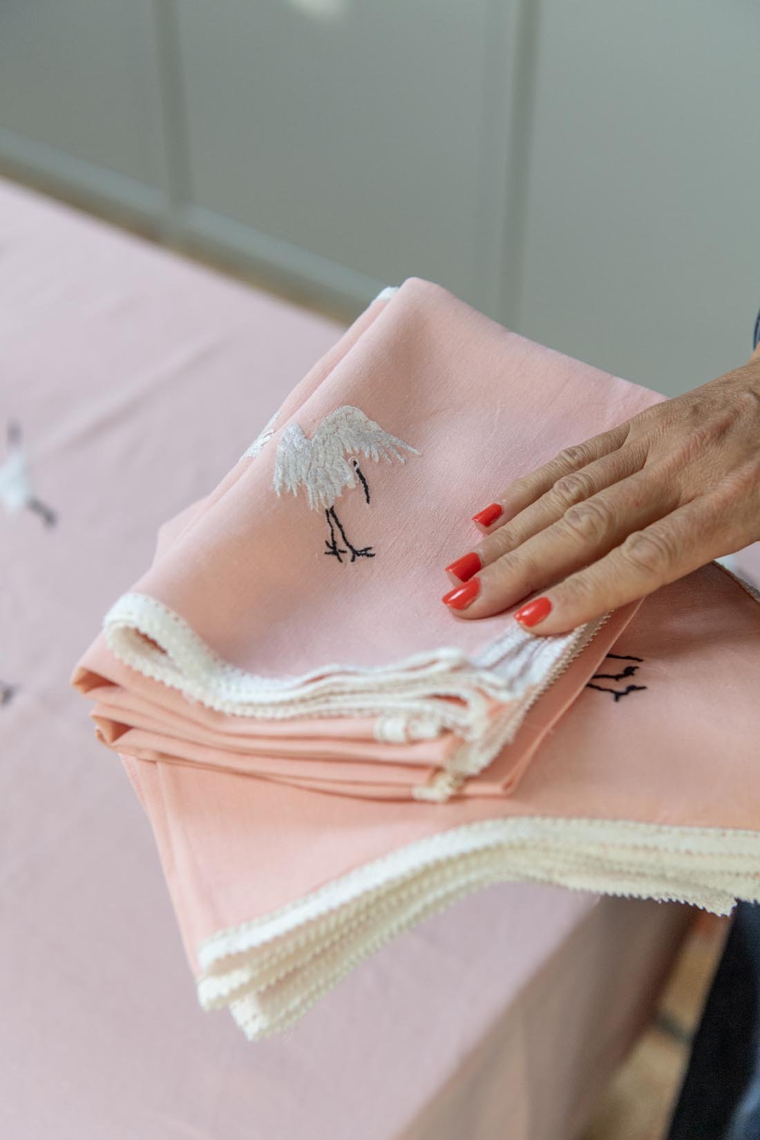 Vintage crane embroidered pink tablecloth and napkin set - Natalia Willmott