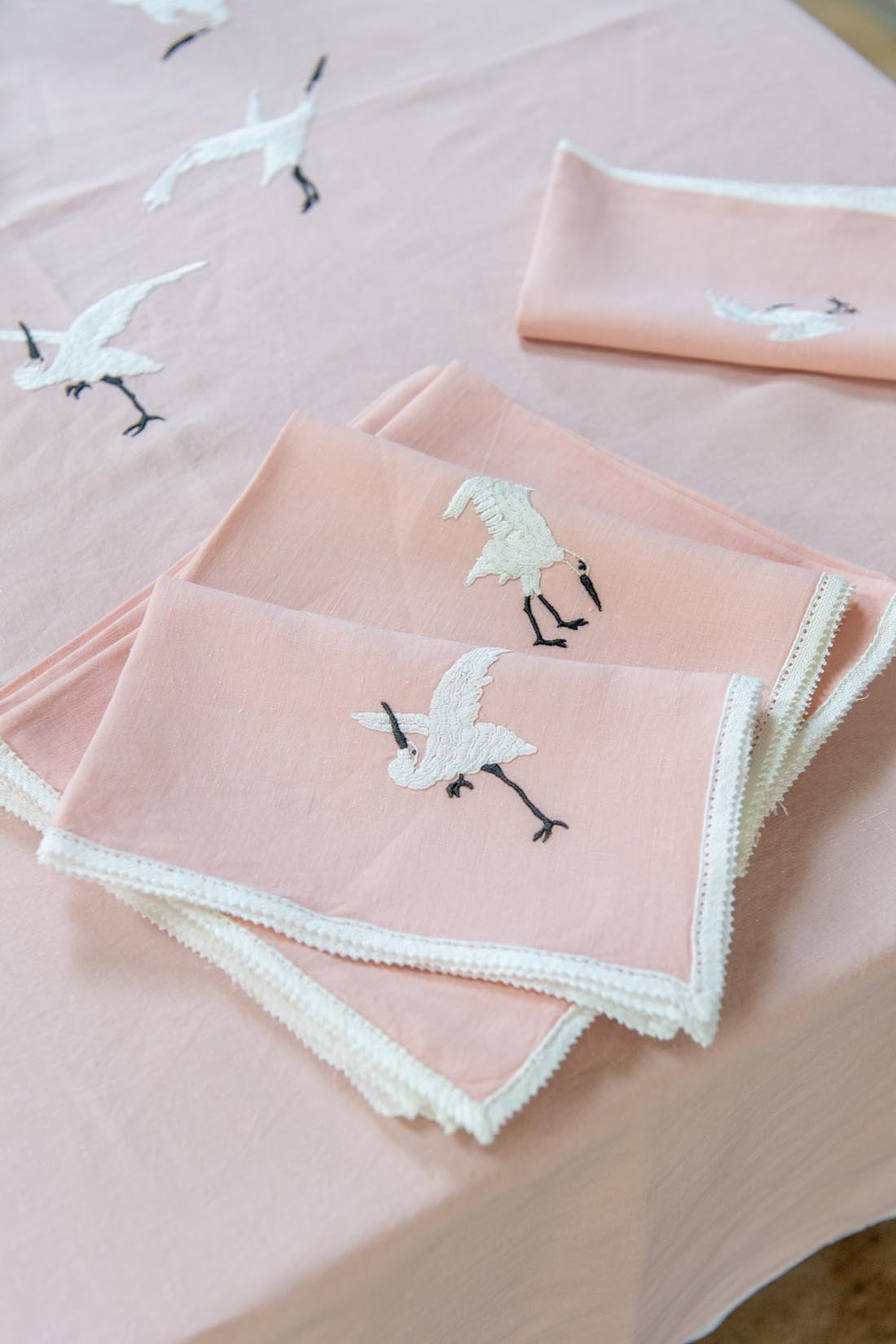 Vintage crane embroidered pink tablecloth and napkin set - Natalia Willmott