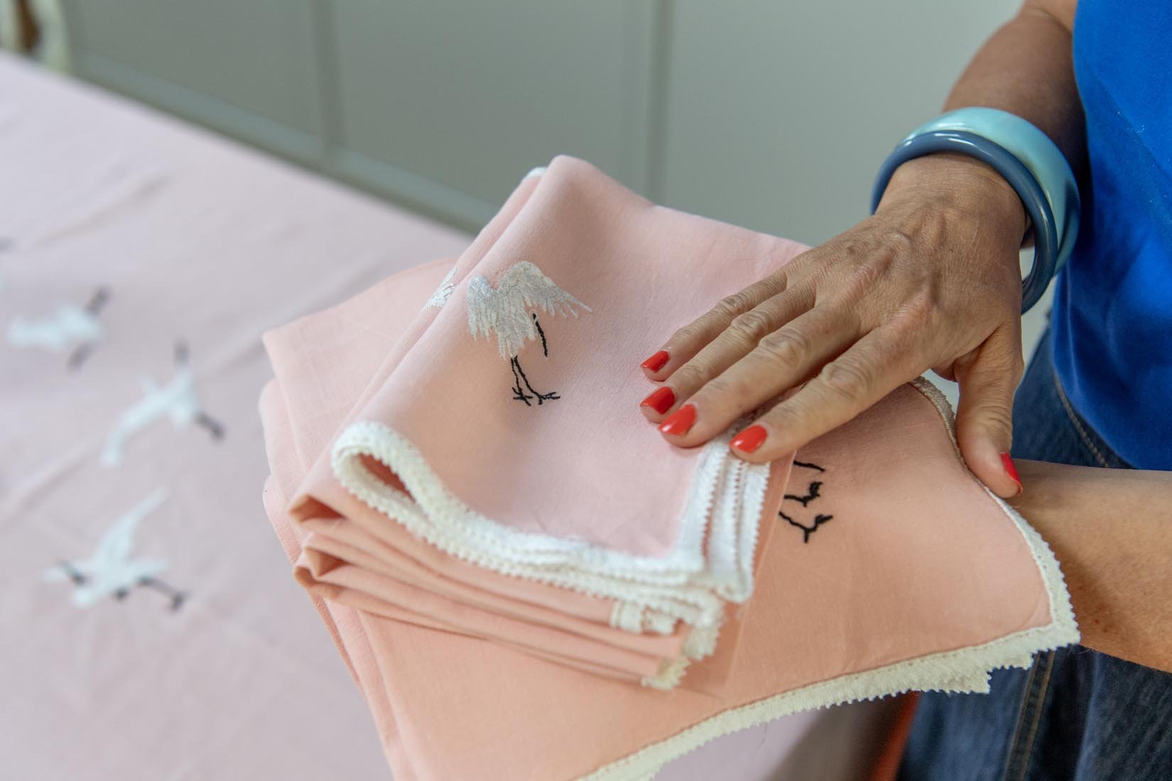 Vintage crane embroidered pink tablecloth and napkin set - Natalia Willmott