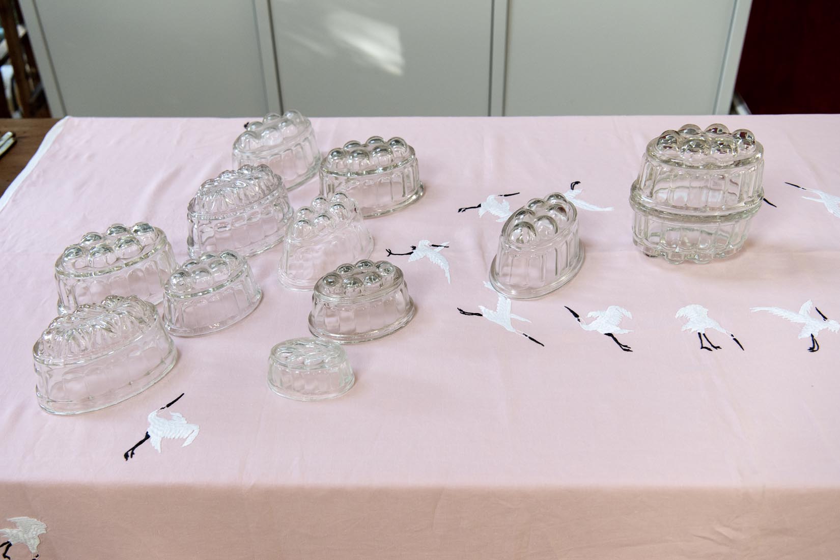 Vintage crane embroidered pink tablecloth and napkin set - Natalia Willmott